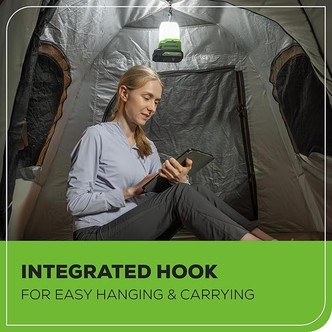 Greenworks 24V Lantern Cordless 500lm Camping Light Kit with USB-A and USB-C Port, 2Ah Battery and Charger Included