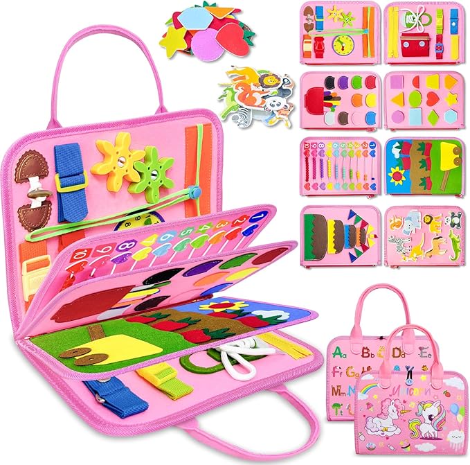 Exorany Busy Board Montessori Toys for Toddler Girl Birthday Gifts, Busy Book Sensory Learning Toys for Toddlers, Toddler Girl Airplane Car Travel Toy Educational Activities