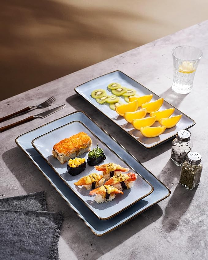 famiware Serving Platter, Rectangular 15.67/14.1/12.6inch Serving Dishes for Entertaining, Reactive Glaze, Stoneware Serving Trays for Party, Food, Turkey, Snack, Cheese, Ocean Series, Blue