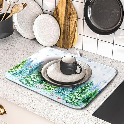 Watercolor Winter Dish Drying Pad Forest Kitchen Mat