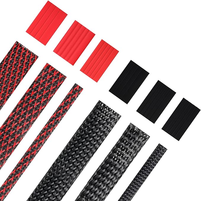 Xuniea 96ft Wire Loom Braided Cable Sleeve Covers Cord Management with 127 Pcs Tube Heat Shrinkable for Audio Video Cable Cord Protectors from Pets(1/4, 1/2, 3/4 Inch,Black and Red)