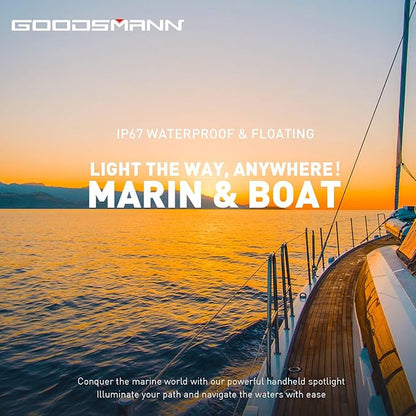 GOODSMANN Rechargeable Spotlight IP67 Waterproof Marine Spotlights up to 4500 Lumen Handheld Light LED Searchlight with EVA Storage Carrying Case and USB Charger for Hiking, Boating, Hunting, Camping