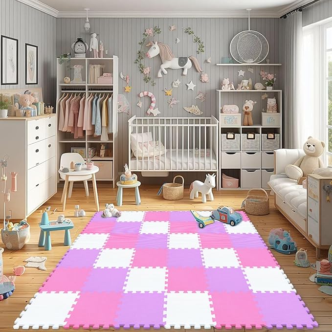 qqpp EVA Rubber 18 Tiles Interlocking Puzzle Foam Floor Mats - Baby Play Mat for Playing | Exercise Mat for Home Workout. White, Pink, Purple. QC-ACKb18N