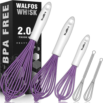 Walfos Whisk,Silicone Whisk Heat Resistant (480°F) Kitchen Whisks set of 5.Non Scratch Coated Whisks for Nonstick Cookware,Egg Wisk Premium for Blending,Whisking,Beating,Frothing. (Purple)