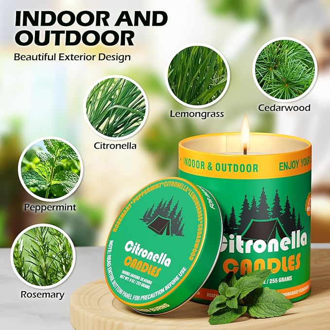 Citronella Outdoor Candles Set | 2-Pack 510g 80H Long-Lasting Burn Time | Natural Soy Wax Jar Tin Lemongrass Candle for Outside Camping,Patio,Fishing |Outdoor Candles Gift for Men&Women/Father's Day