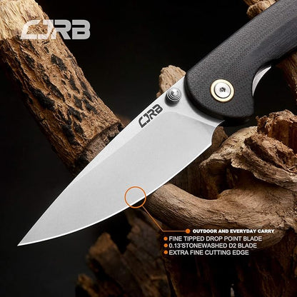 CJRB Folding Knife Feldspar Pocket Folding Knife Stonewash D2 Steel Blade G10 Tactical Handle EDC Knife Black Handle(J1912)