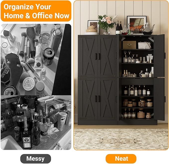 Unikito Kitchen Pantry Cabinet with Farmhouse Barn Doors and Storage Drawer, 8 Adjustable Shelves, Freestanding Tall 71" Cupboard for Dining Room, Living Room, Utility Room, Black 2 Pack