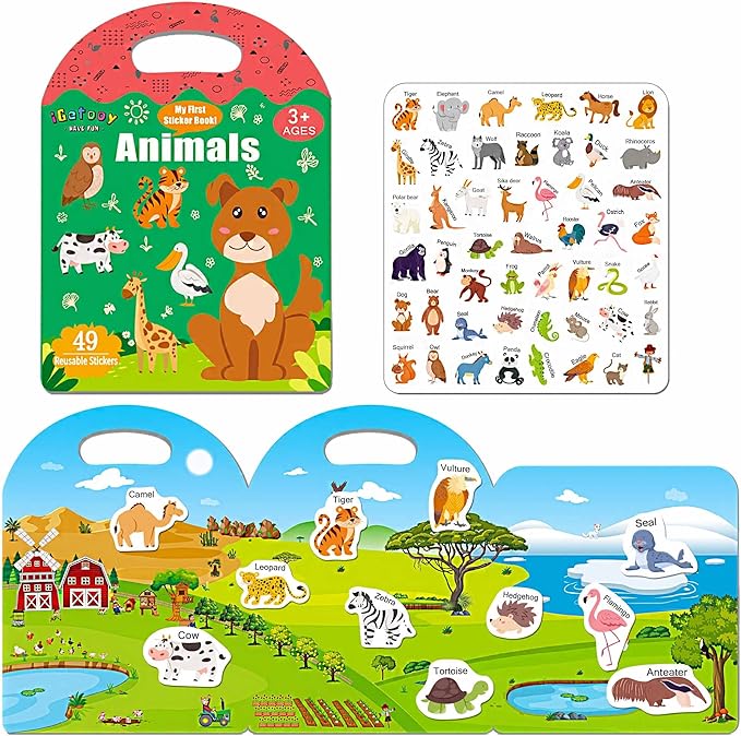 Reusable Sticker Books for Toddlers 1-3, Stickers for Toddlers 2-4 Years, Animal Stickers for Kids, Airplane Travel Essentials for Kids