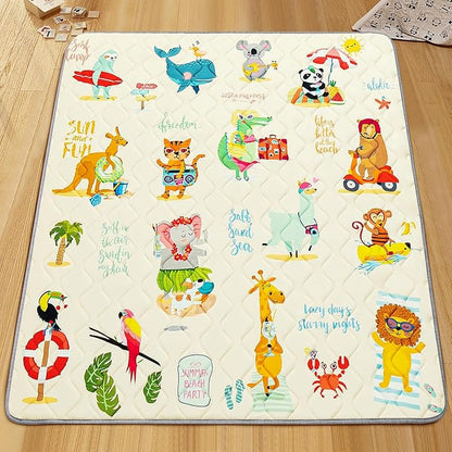 Baby Play Mat - Thicken 71x59 Inch Soft Foam Crawling Mat for Playpen & Floor, Non-Slip Waterproof Playmats for Infants & Toddlers, Portable Foldable & Machine Washable, Beach Animals