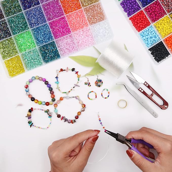 EuTengHao 14400pcs Tube Beads Bugle Glass Seed Beads, Small Craft Spacer Beads for DIY Bracelet Necklaces Crafting Jewelry Making Supplies with Two Crystal String (3mm, 600 Per Color, 24 Colors)
