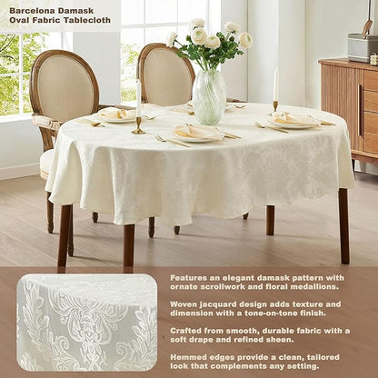 Newbridge Barcelona Luxury Damask Fabric Tablecloth, 60” Wide x 84” Oval, Antique White, 100% Polyester, No Iron, Soil Resistant Dining Room, Party and Banquet Table Cover