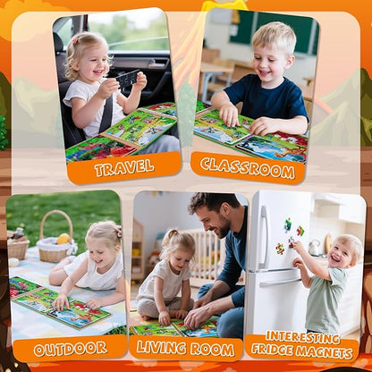 3 in 1 Magnetic Dinosaur Puzzles for Kids Ages 3-5, 3x20 Pieces Puzzles for Toddlers 4-6, Car Airplane Road Trip Activities Magnet Games Toys for 3 4 5 6 Year Old Boys
