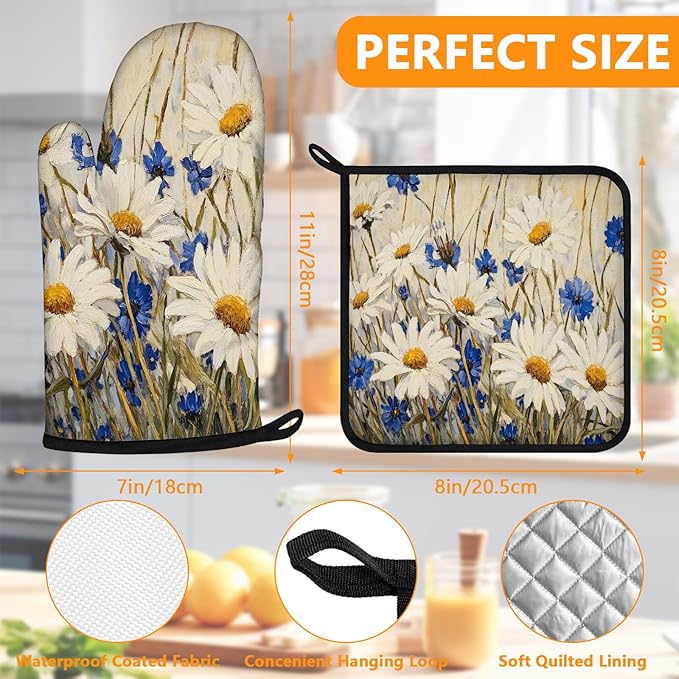 Daisy Flowers Oven Mitts and Pot Holders Sets 4Pcs, Extra Long Oven Gloves