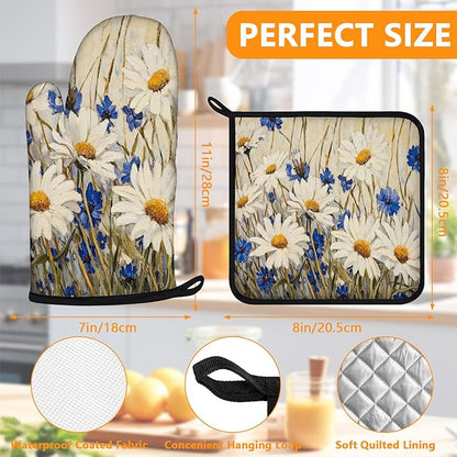 Daisy Flowers Oven Mitts and Pot Holders Sets 4Pcs, Extra Long Oven Gloves