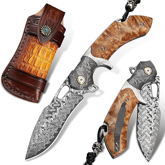Damascus Steel Folding Pocket Knifeï¼?.6in Men's EDC knife，With leather sheath，pocket clip，Liner Lock，Fighter Pattern，Tree Tumor Shadow Wood Handle，For outdoor hunting Fishing camping knife