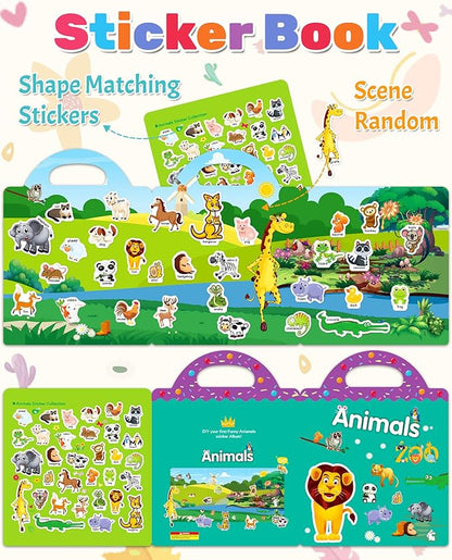 Benresive Reusable Sticker Book for Toddlers 2-4 Years, Fun Travel Stickers for Kids, Waterproof Sticker Books for Toddlers 1-3, Crafts Activities for Todddlers 1-3 2-4 3-5 - Animals Zoo