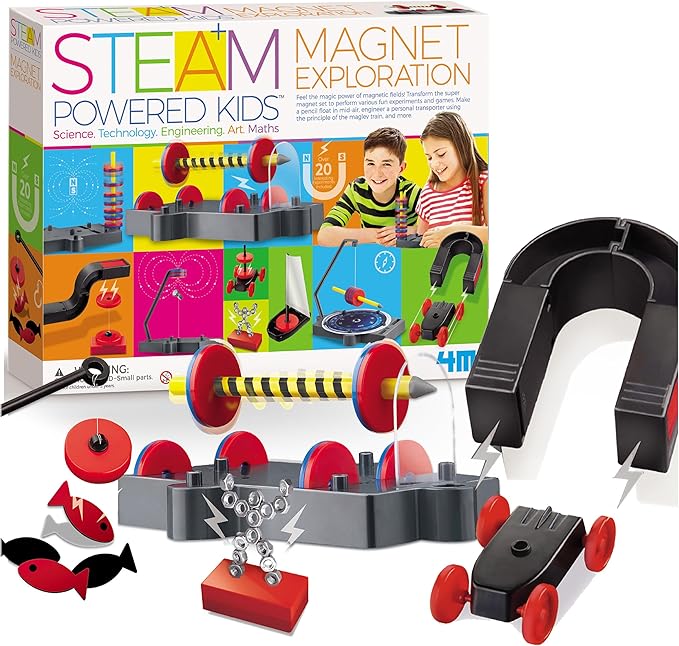 4M - STEAM Magnet Exploration - Hands-On Science Kit with Magnetic Toys Experiments for Kids Ages 5+ - Includes Magnet Toys Wand, U-Shaped Magnet, Racers, Yacht & More - Educational STEM Toy Gift