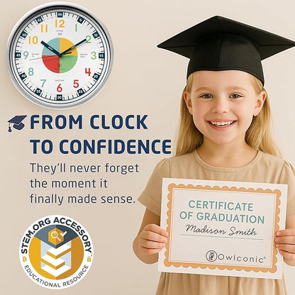 OWLCONIC Non Ticking Analog Clock for Kids Learning to Tell Time, Teaching Clock for Kids Wall, Clocks for Classroom, Homeschool Decor, Bedrooms, Silent, Homeschooling Resource.