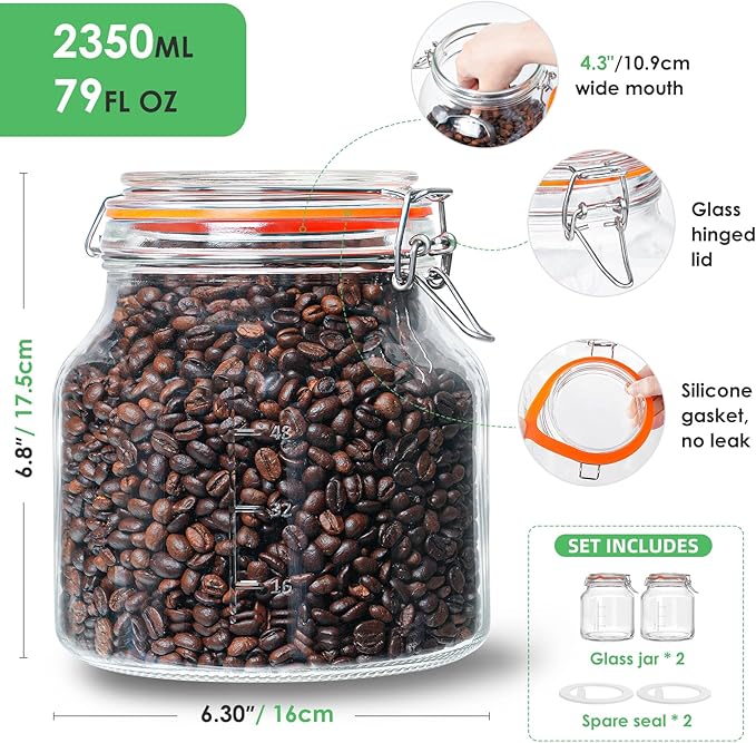 2 Pack 79oz Glass Jar with Lid(2350ML), 0.6 Gallon Mason Jars Wide Mouth with Airtight Lid, Glass Pickle Jar for Food Storage, Cookies, Pickling, Kombucha(Includes 2 Spare Seals)