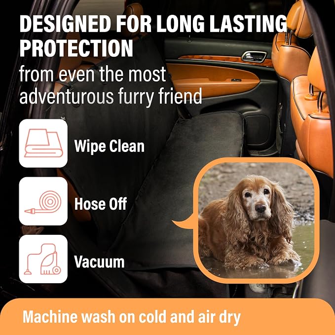 Active Pets Waterproof Hammock Standard Car Seat Cover, Fits Sedans Hatchbacks Crossovers Coupes Compact Vehicles, Secure Convertible Travel Bed Protects Backseat Cargo from Dogs, Black w/Blue Trim