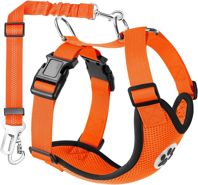 Lukovee Dog Car Harness Seat Belt, Adjustable Mesh Breathable Vest with Elastic Bungee Tether, Soft Padded 2-in-1 Safety Car Harness Seatbelt for Small Medium Large Dogs (Orange,XXS)
