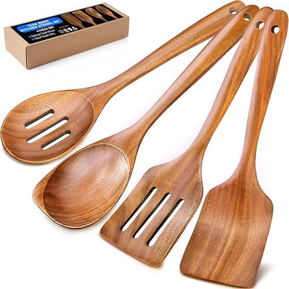 Wooden Spoons for Cooking, 4 Piece Natural Premium Teak Wooden Cooking Utensils