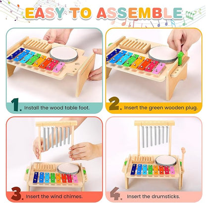Kids Drum Set for Toddlers, Montessori Musical Instruments Toys, Toddler Drum Set Wooden Xylophone Musical Toys Birthday for Children Boys and Girls
