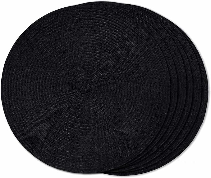FunWheat Round Braided Placemats Set of 6 Place mats for Dining Tables Woven Heat Resistant Table Mats 15 inch (Black,6pcs)
