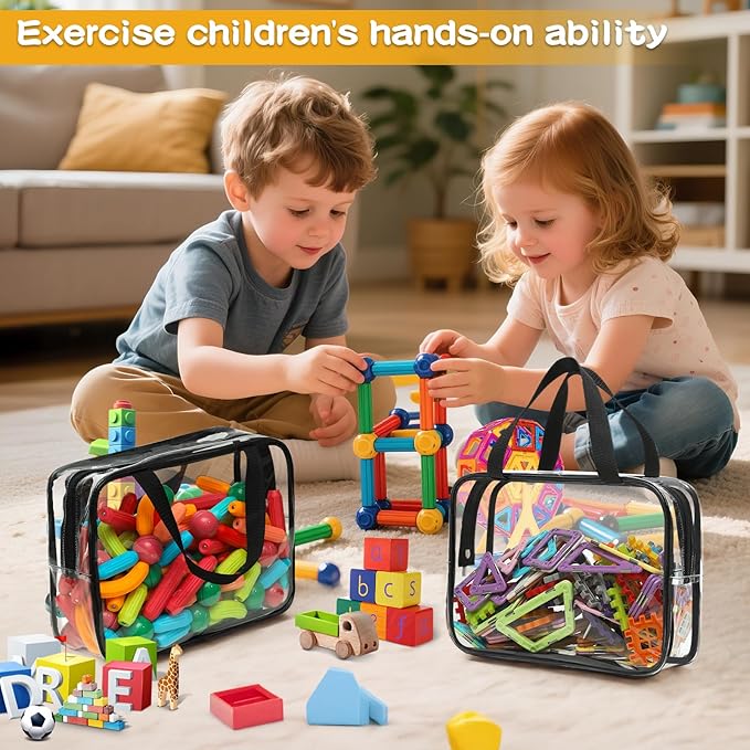 Toy Storage Bags - 6 Packs Toy Storage Organizer with Labels & Pen for Kids, Reusable Clear PVC Board Game Storage with Zipper, Waterproof Travel Bags for Building Blocks, Puzzles (Black)