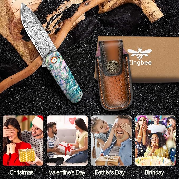 Damascus Pocket Knife with Sheath 2.95" Damascus Steel Blade Folding Knife with Abalone Shell Handle EDC Pocket Knives for Men Women Outdoor Indoor Camping