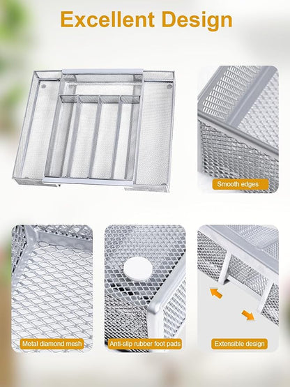 Silverware Organizer Metal Mesh, Drawer Organizer, Utensil Cutlery Tray Expandable Flatware Organizer with 7 Compartment Silver 9.4"~17.3" x 13.7"