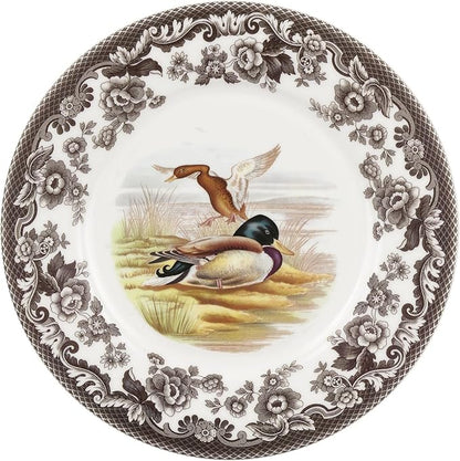 Spode Woodland Mallard Luncheon Plate - 9" Fine Earthenware with British Flowers Border, Rustic Duck Motif - Dishwasher, Microwave, Freezer & Oven Safe - Seasonal Wildlife Tableware - Made in England
