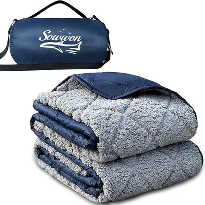 Waterproof Outdoor Blanket 82”X 55” Packable, Stadium Blankets for Camping with Sherpa Fleece Lining, Large Windproof Emergency Throw Mat for Garss Picnic Hiking Road Trip, Machine Washable, Navy