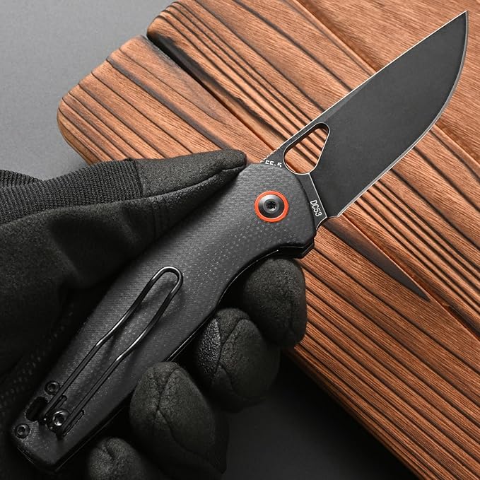 FF5 Folding Pocket Knife,DC53 Steel Blade Micarta Handle with Pocket Clip for Outdoor Camping Hunting Fishing Working (Black)
