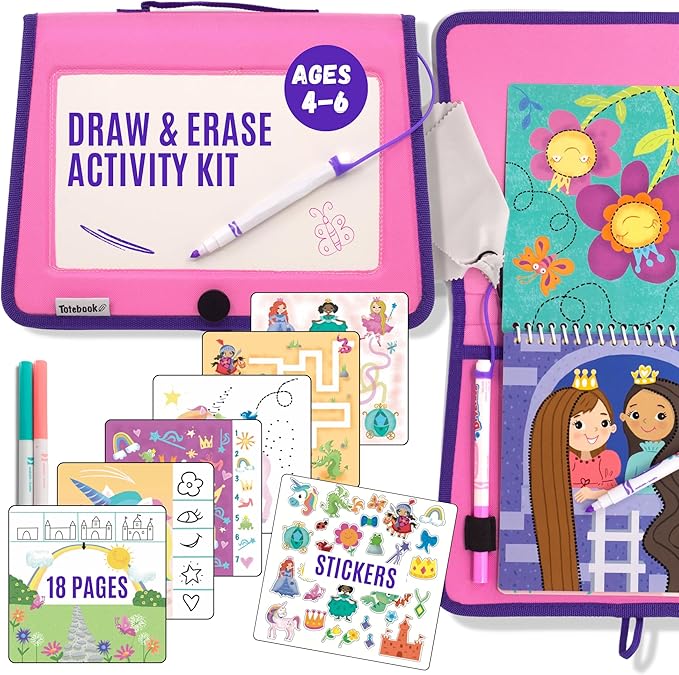 Totebook Kids Travel Educational Activity Book with Washable Markers - Car and Airplane Activities, Learning Toys for Toddlers- Search and Find, Reusable Stickers for Ages 4, 5, 6 (Princess)