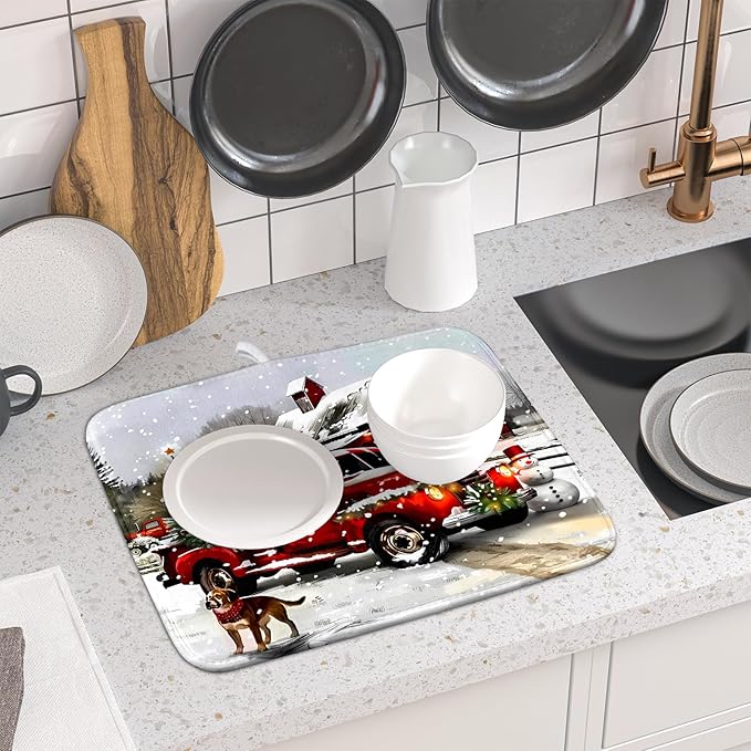 Red Truck Christmas Dish Drying Mat
