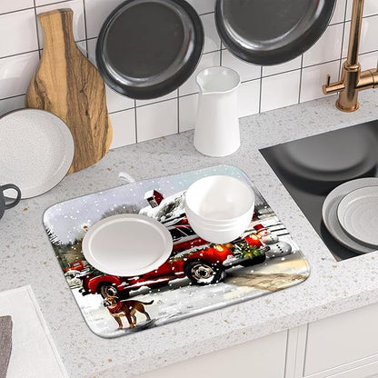 Red Truck Christmas Dish Drying Mat