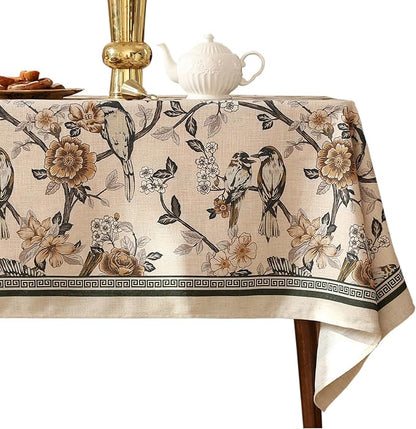 ISAENNE Designer Vintage Linen Extra Long Tablecloth Rectangle,Floral and Bird Pattern Elegant Table Cloth,Fall Wrinkle Resistant Decor Tablecloths for Dining Kitchen Christmas,63"*110"-Murad A