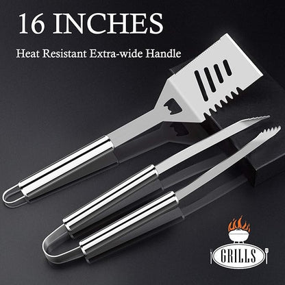 ROMANTICIST 26pcs Stainless Steel Grill Tool Set, Heavy Duty BBQ Grilling Accessories Gifts for Men Dad, Non-Slip Grill Utensils Kit with Apron, Thermometer, Mats in Aluminum Case for Christmas Silver