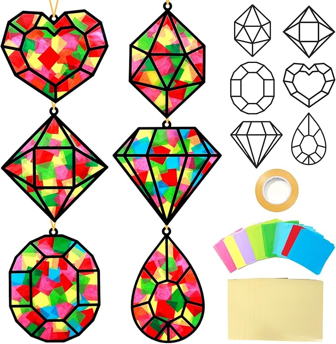 Qyeahkj 36 Set Jewel Suncatchers Crafts for Kids DIY Diamond Window Tissue Paper Craft Kit Jewel Hanging Decor for Summer School Home Activity Art Project Birthday Party Favor Gift