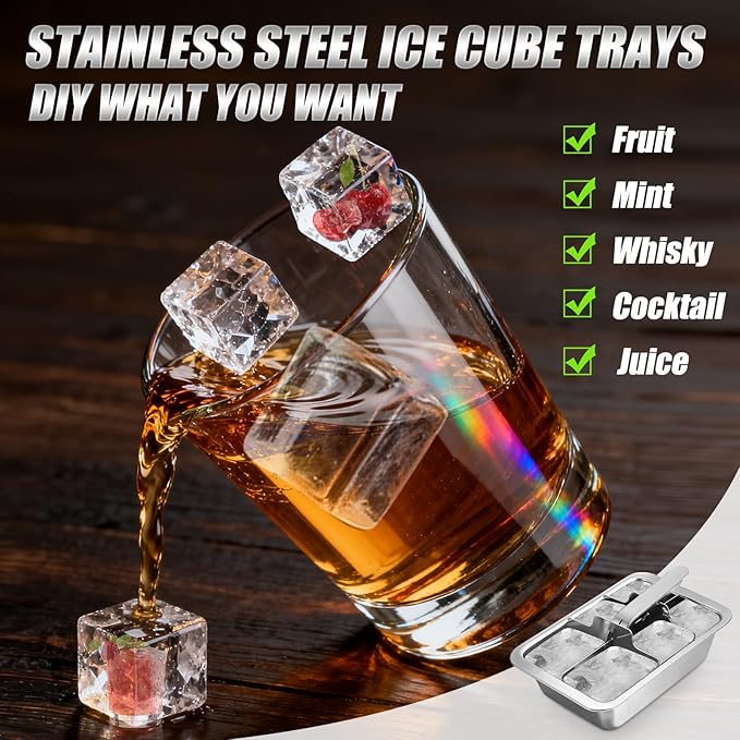 Ice Cube Trays, 2 Pack Large 6-cube Stainless Steel Ice Cube Trays