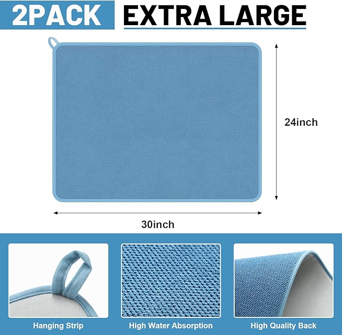 Hushee 2 Pack Extra Large Dish Drying Mat Microfiber Absorbent Dish Drying Pad