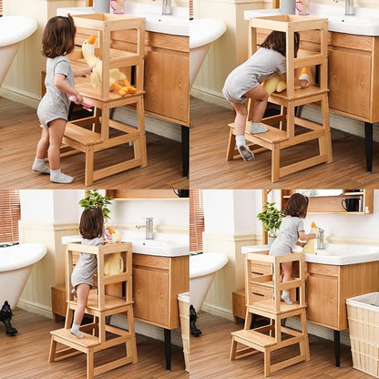 Kitchen Step Stool for Kids with Safety Rail,Toddler Standing Tower for Kitchen Counter, Baby Montessori Stool,Solid Wood Construction,Natural