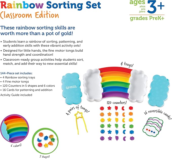 Learning Resources Rainbow Sorting Set Classroom Edition, 144 Pieces, Ages 3+, fine motor skills, sorting, patterning, addition skills, Learning Toys, baby toddler toys, education toys, Sensory tray