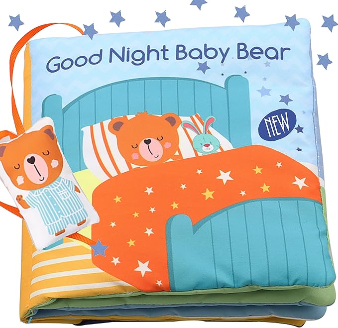Teddy Bear Baby Book Activity Quiet Cloth Soft Books Developmental Toys Interactive Baby Books for Babies Toddlers Infants, Tummy Time Mirror Toy Gifts for Boys Girl, Goodnight W Box