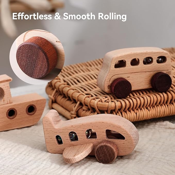WOODEN TEETHER 3pcs Wooden Cars for Toddlers 1-3 Years Car Toys for Babies Wooden Baby Toys Include Car Boat Airplane，Ideal Gift for Girls and Boys