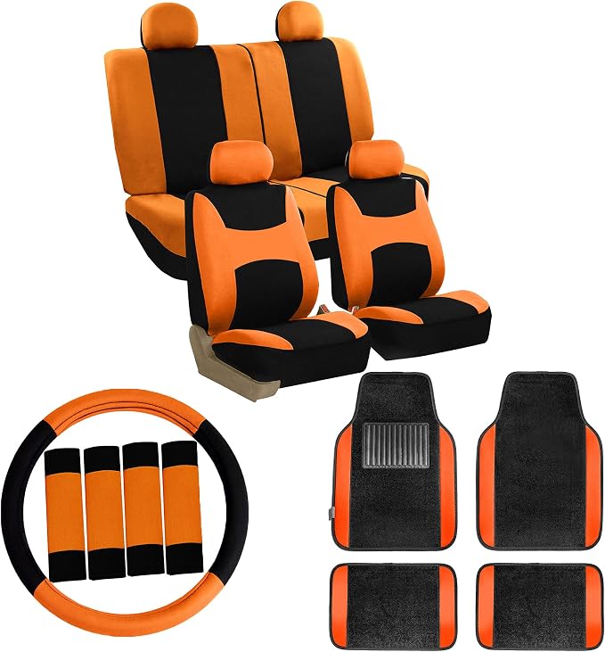 FH Group Car Seat Covers Combo Full Set with Carpet Floor mats Steering Wheel Cover and Seat Belt Pads- Universal Fit for Cars Trucks and SUVs (Orange)