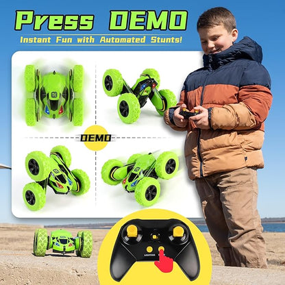 Threeking RC Stunt Cars Remote Control Car Double-Sided Driving 360-degree Flips Rotating Car Toy, Green