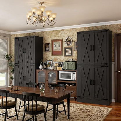 Unikito Kitchen Pantry Cabinet with Farmhouse Barn Doors and Storage Drawer, 8 Adjustable Shelves, Freestanding Tall 71" Cupboard for Dining Room, Living Room, Utility Room, Black 2 Pack
