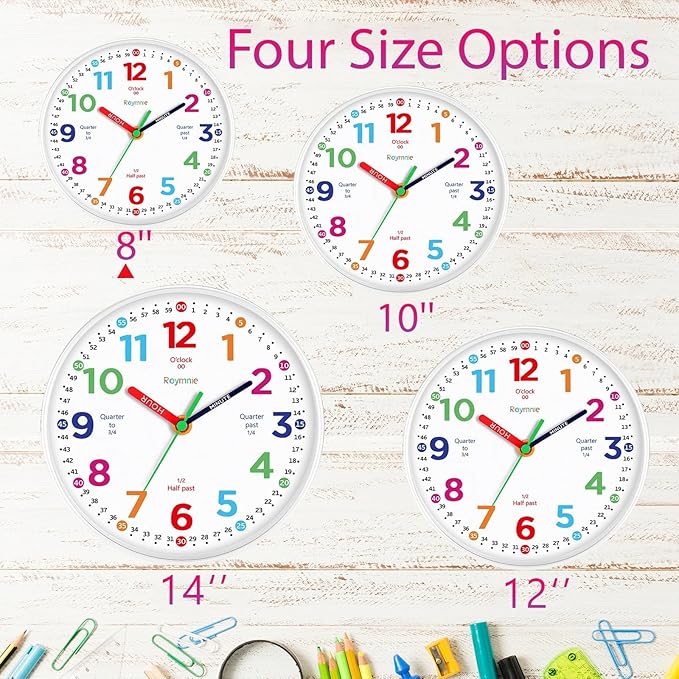 Wall Clock for Kids Learning to Tell Time Non Ticking Battery Operated Kids Teaching Clock Small Teaching Time Clock Decorative for Kids Room Classroom School (8 Inch)